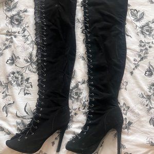 Thigh High Open Toe Stiletto Heel Lace Up Full Zipper Boots